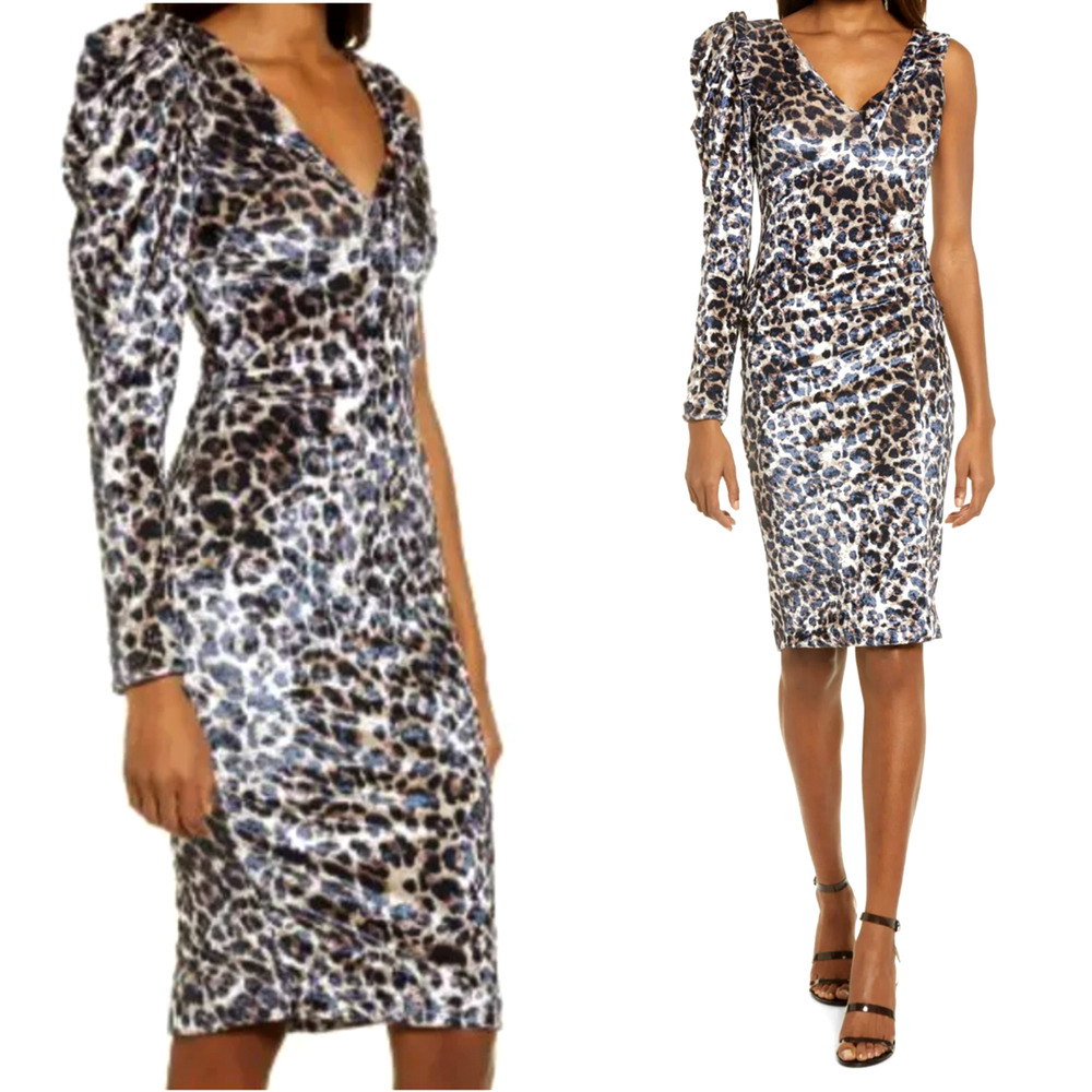 Lavish Alice 8 Animal Print VELVET Dress $140 Puff Shoulder Leopard Brown NWT!